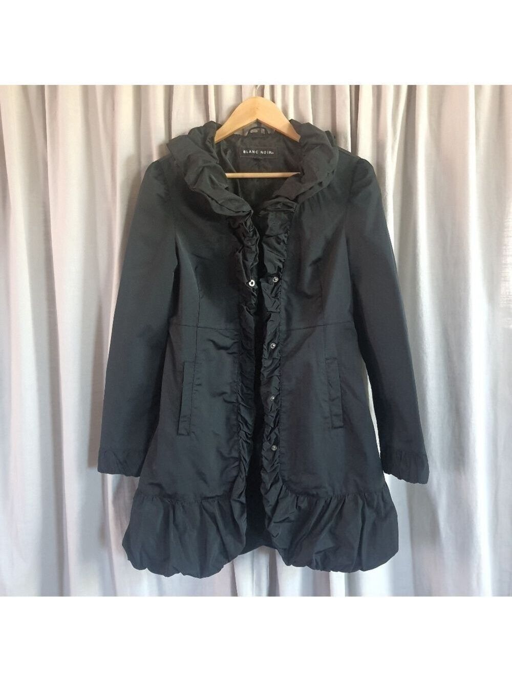 Blanc Noir Black Ruffled Trench Coat Womens M